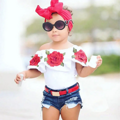 Girls Fashion Flower Pattern Ruffled Design Tops And Denim Shorts Set