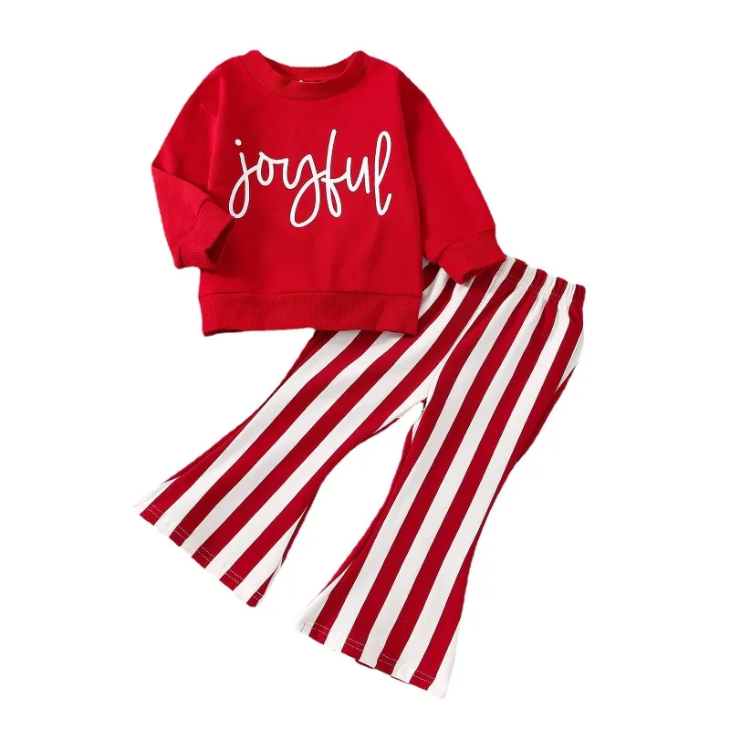 Kids Toddler Girls Casual Cute Christmas Letters Long Sleeve Sweatshirts Stripe Flared Pants Sets