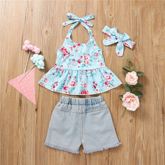 Girls Fashion Flower Pattern Tops And Denim Shorts Set