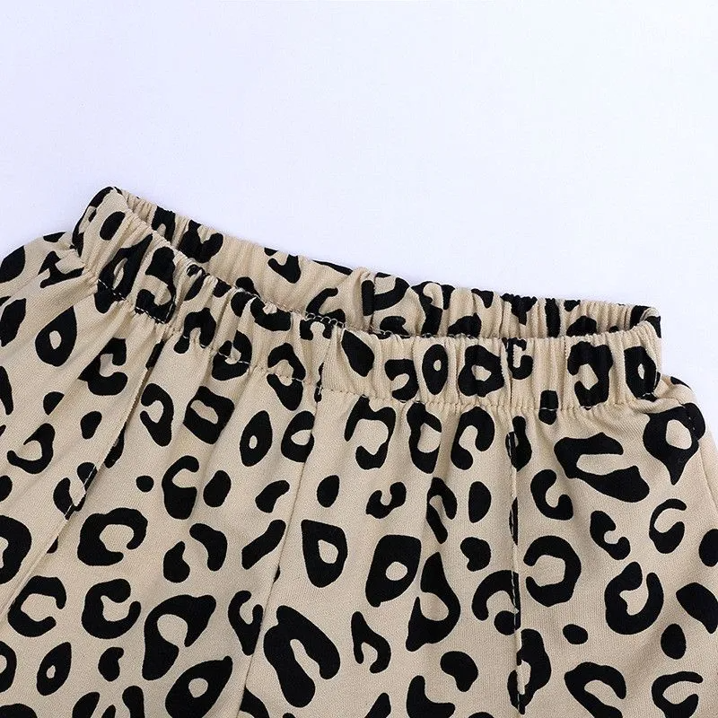 2 Pcs Set Girl Fashion Leopard Print Tees And Shorts