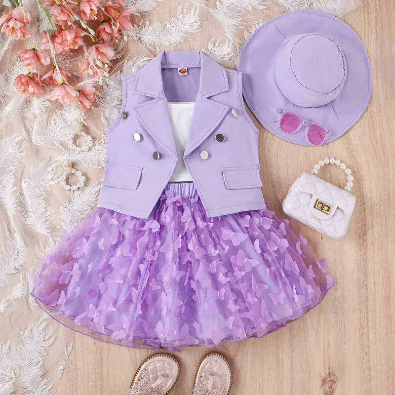 Kids Fashion Sling Butterfly Mesh Skirt Sleeveless Suit Hat Four-Piece Set