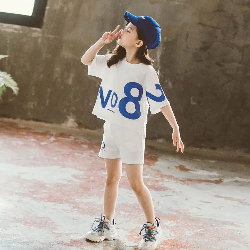 2pcs/Set Girls Loose Letter Print Round Neck Short Sleeve Tee And Shorts