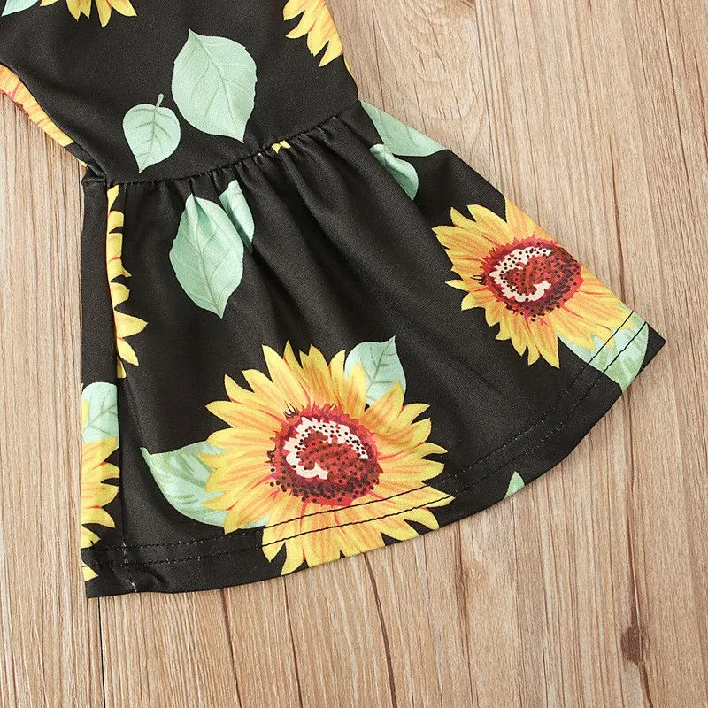 2 Pcs Set Kid Gir Yellow Tops And Sunflower Print Pants