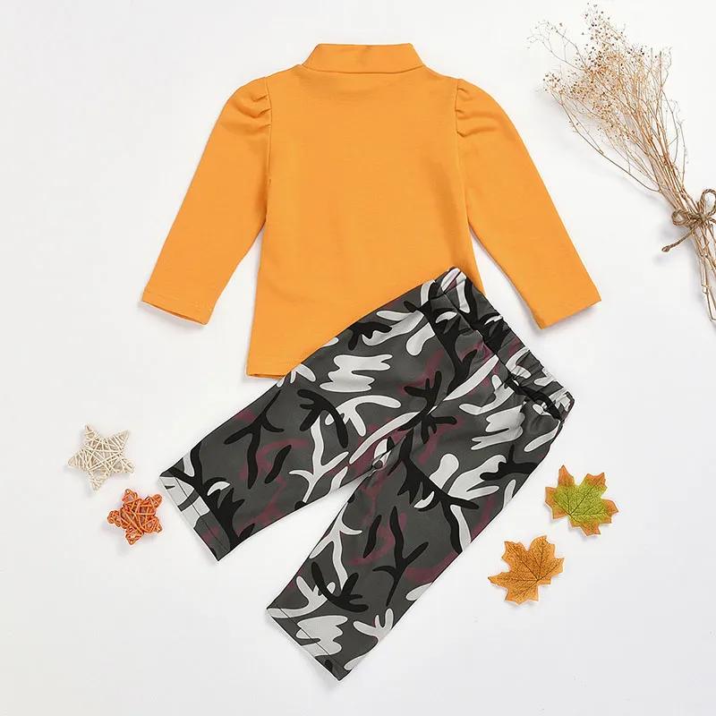 Girl Solid Color Long Sleeve Top And Camouflage Printed Pants Set