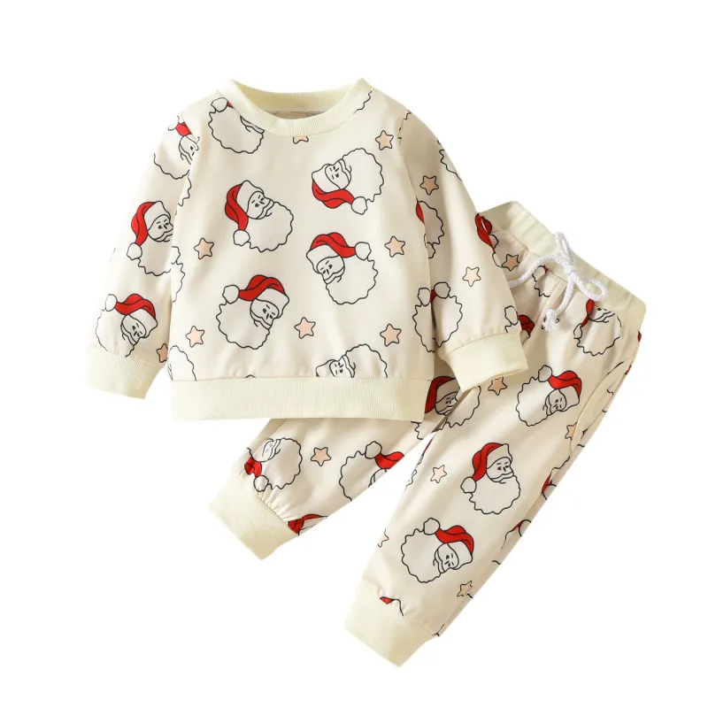 Kids Toddler Boys Girls Casual Cute Santa Claus Pattern Long Sleeve Round Neck Sweatshirts Pants Sets