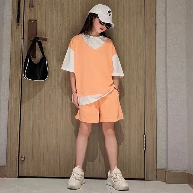 Children Kids Youth Fashion Girls Basic Casual Short Sleeve Patchwork T-Shirt And Shorts 2pcs Set