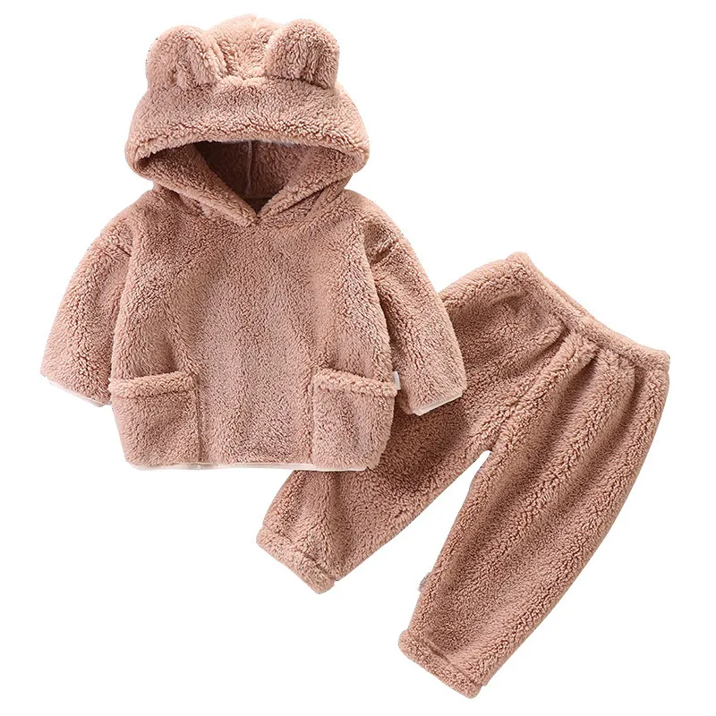 Kids Toddler Boys Girls Autumn Winter Casual Cute Solid Color Flannel Long Sleeve Hoodies Trousers Sets