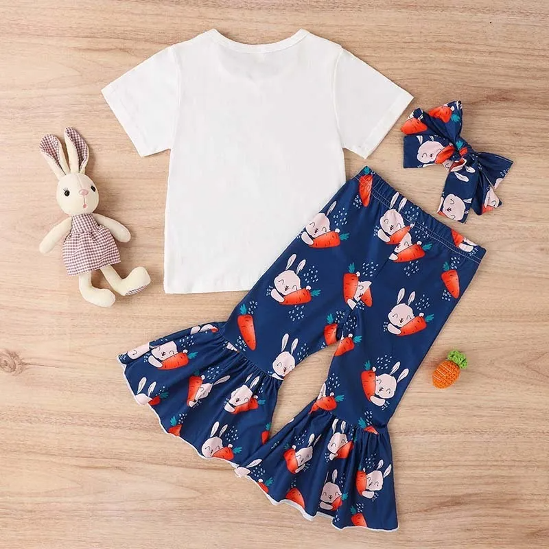 Kids Toddler Girls Casual Cute Easter Alphabet Cartoon Rabbit Print Short Sleeve Round Neck T-Shirt Flare Trousers Set