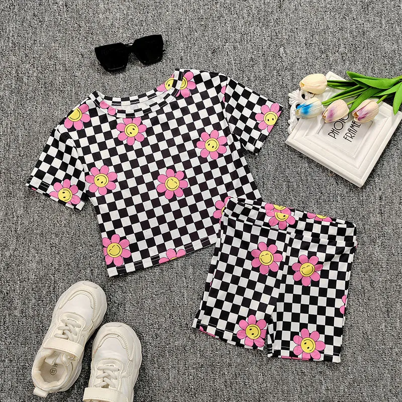 Kids Toddler Girls Casual Black White Plaid Sunflower Print Two-Piece Set