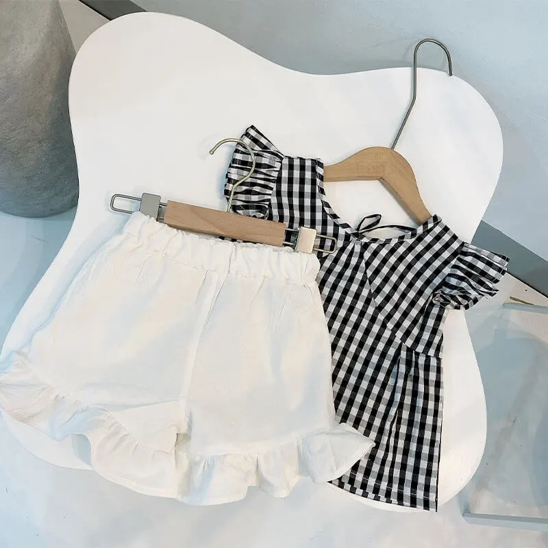 Girls Fashion Plaid Sleeveless Tops And Shorts Set