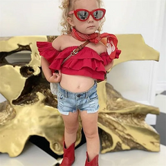 2 Pcs Set Girl Kid Red Ruffle Off-Shoulder Tops And Denim Shorts