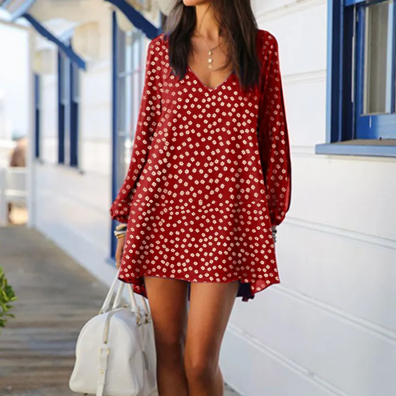 Women Floral Print V-Neck Split Sleeve Dress