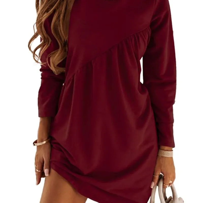 Autumn Winter Solid Color Long-Sleeved Irregular Round Neck Long Casual Solid Color Dress