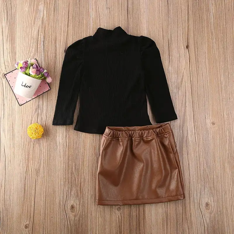 Girls High Collar Long-Sleeves Solid Color Tops And PU Skirt Set