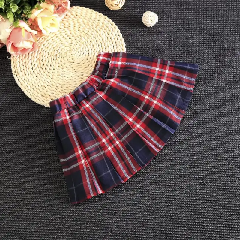 Girls Lapel Design Bowknot Decor Blouse And Plaid Skirt Set