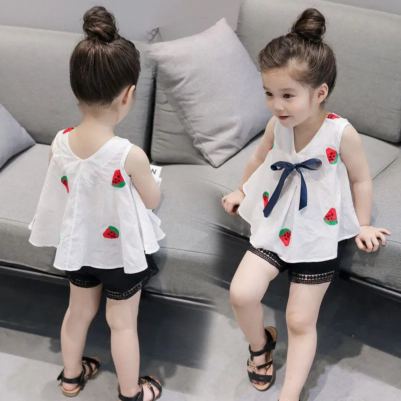 2 Pcs Set Girl Watermelon Print Sleeveless Tops And Shorts