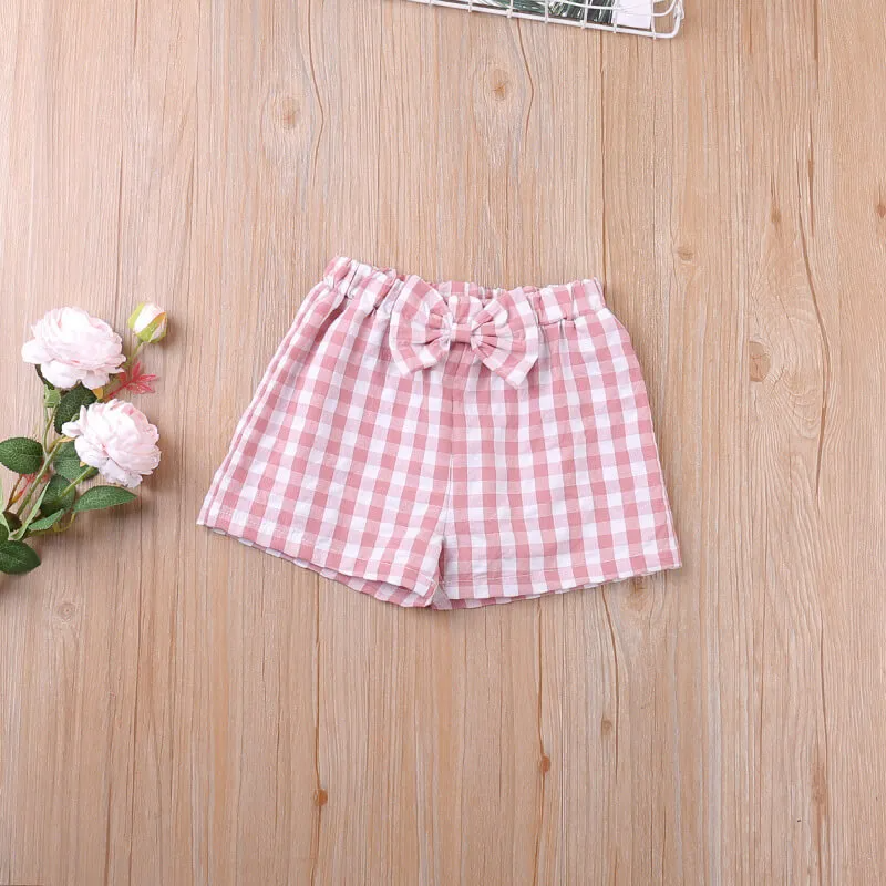 Girls Fashion Plaid Tops And Bow Decor Shorts Set