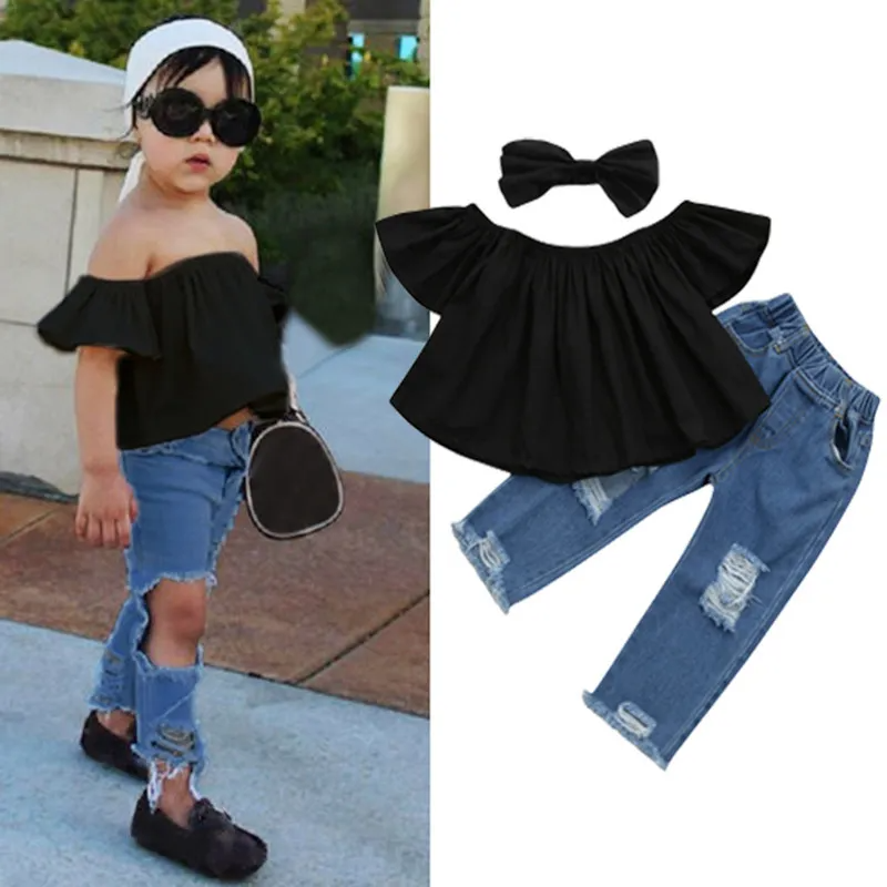 Girls Off-Shoulder Black Top And Jeans With Headband Set