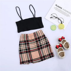 Girls Fashion Solid Color Camisole And Plaid Skirt Set