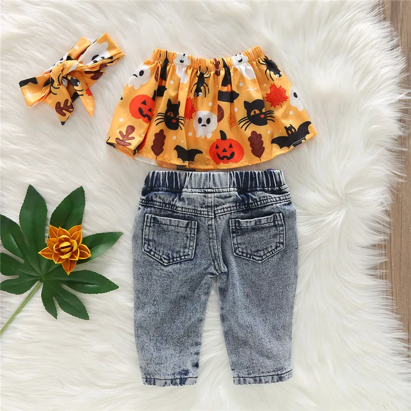 Girl Printed Off-The-Shoulder Tops And Ripped Jeans With Headband Set