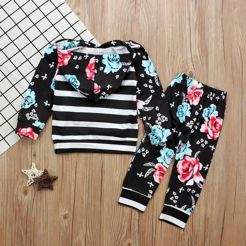 Girls Long-Sleeves Striped Flower Pattern Hoodie And Pants Set