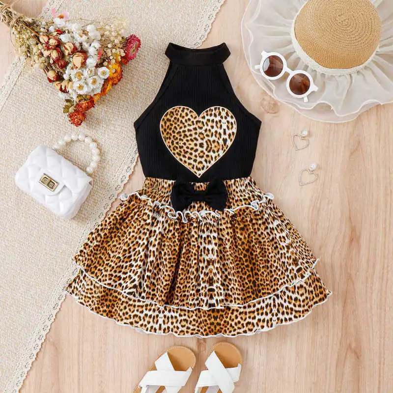 ids Toddler Girls Fashion Casual Leopard Heart-Shaped Pattern Sleeveless O Neck Vest Bow Skirt Sets