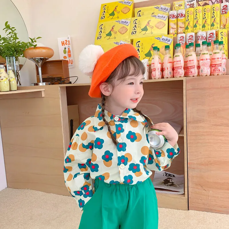 Girls Sweet Floral Pattern Lapel Blouse And Solid Color Pants Set