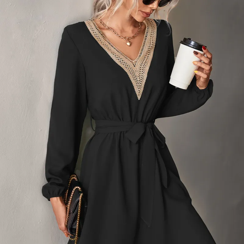 Autumn Winter Women Fashion V Neck Lace Long Sleeve Casual Dress