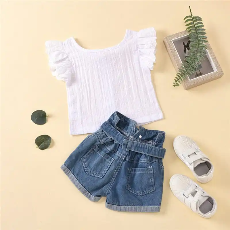 Girls Lace Design Single-Breasted Tops And Denim Shorts Set