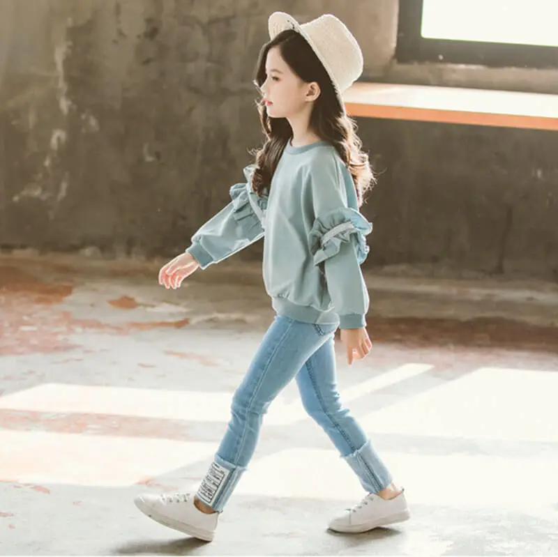 Girls Long-Sleeves Lace Design Solid Color Sweatshirt And Jeans Set