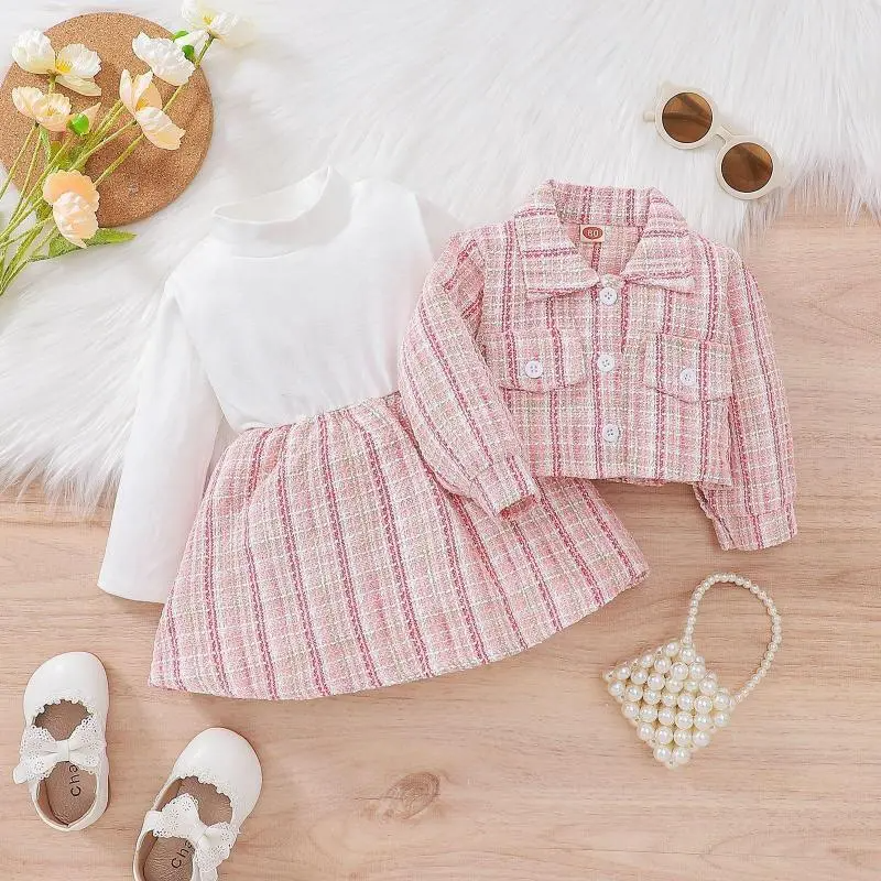 Kids Baby Girls Fashion Casual Chic Plaid Long Sleeve Lapel Coat Dress Sets