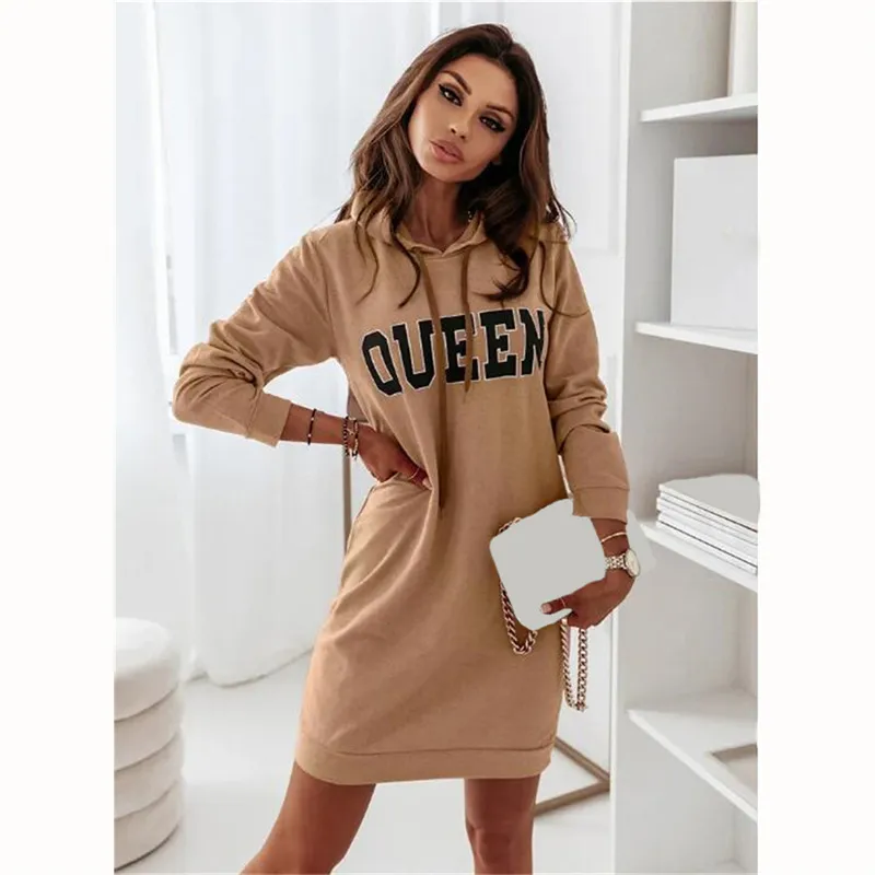 Autumn Winter Women Casual Long-Sleeved Hooded Letter Dress