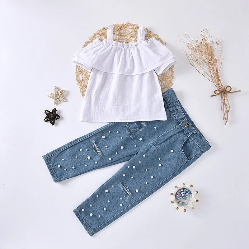 Kids Toddler Girls Fashion Off-The-Shoulder Tops And Pearl Decor Jeans Set