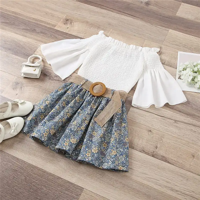 Kids Flared Sleeve Design Tops And Floral Pattern Pleated Skirt With Belt Set