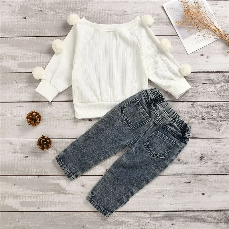 Girl Knitted Pompom Decor Long Sleeve Tops And Ripped Jeans Set