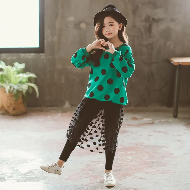 2 Pcs Set Junior Girl Black Dot Print Tops And Patchwork Pants