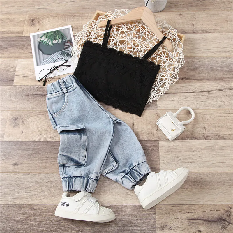 Girls Fashion Solid Color Lace Camisole And Jeans Set