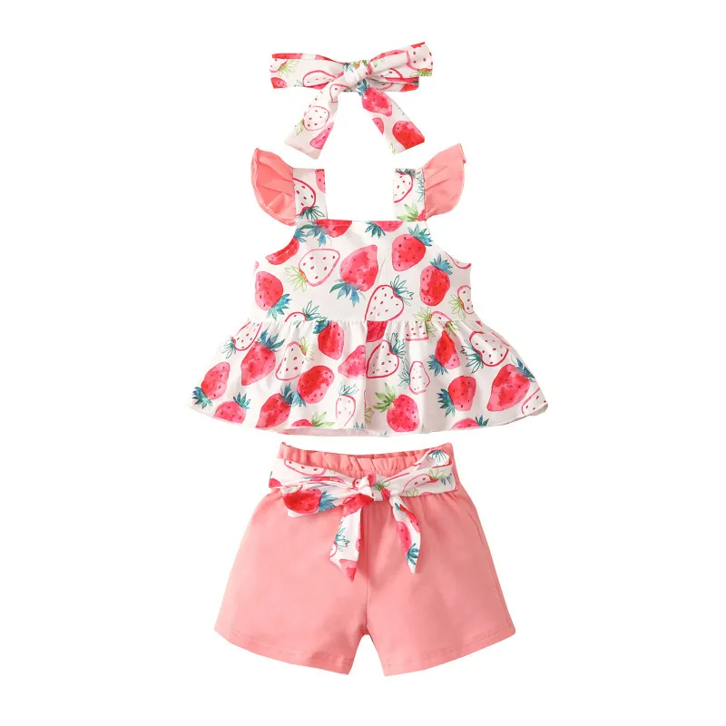 Kids Toddler Girls Casual Cute Bow Leaves Floral Strawberry Floral Sleeveless Top Shorts Sets