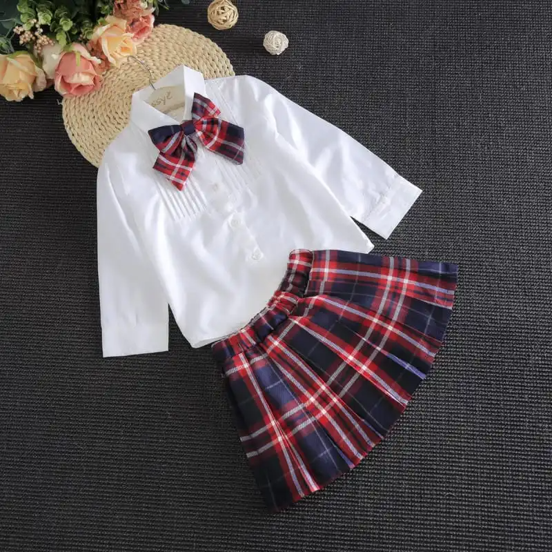 Girls Lapel Design Bowknot Decor Blouse And Plaid Skirt Set