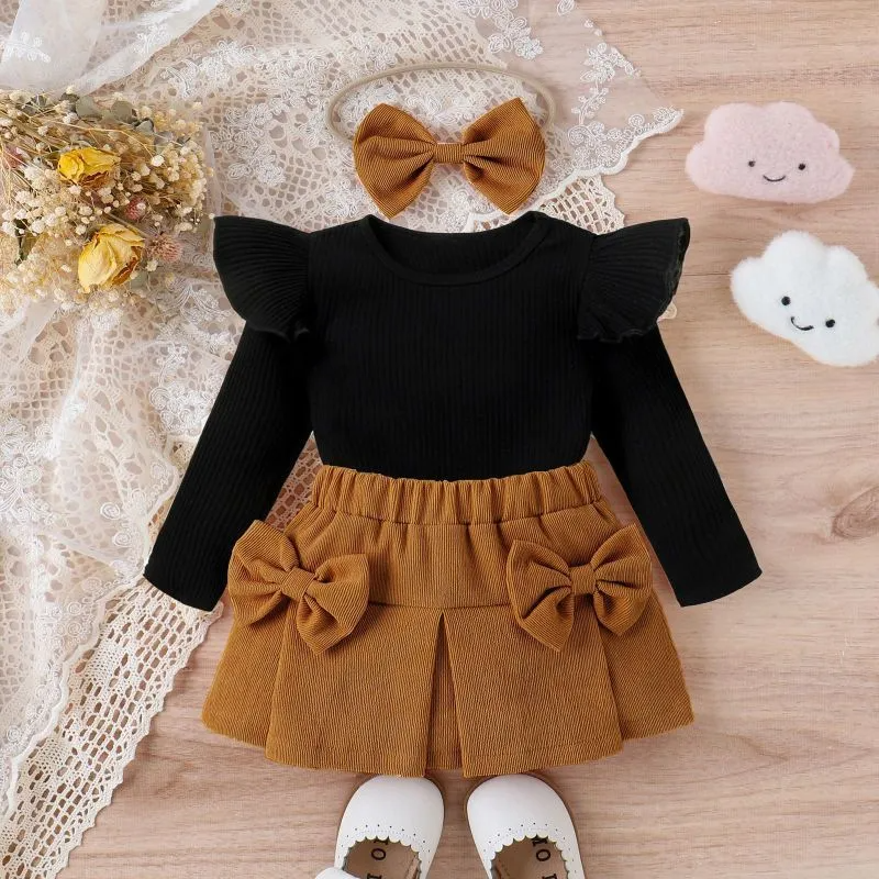 Kids Baby Toddler Girls Fashion Casual Solid Color Stripe Long Sleeve Round Neck T-Shirt Bow Skirt Sets