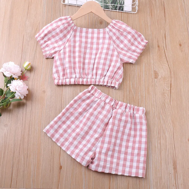 Girls Fashion Plaid Tops And Bow Decor Shorts Set