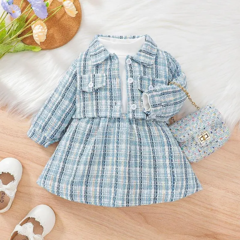 Kids Baby Girls Fashion Casual Chic Plaid Long Sleeve Lapel Coat Dress Sets