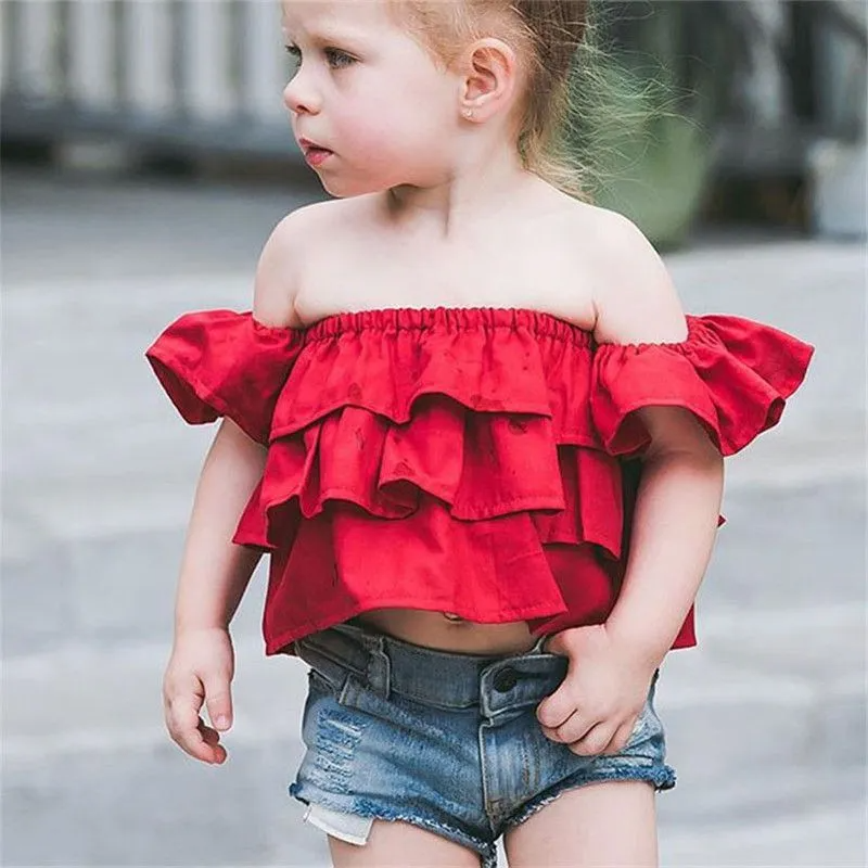 2 Pcs Set Girl Kid Red Ruffle Off-Shoulder Tops And Denim Shorts