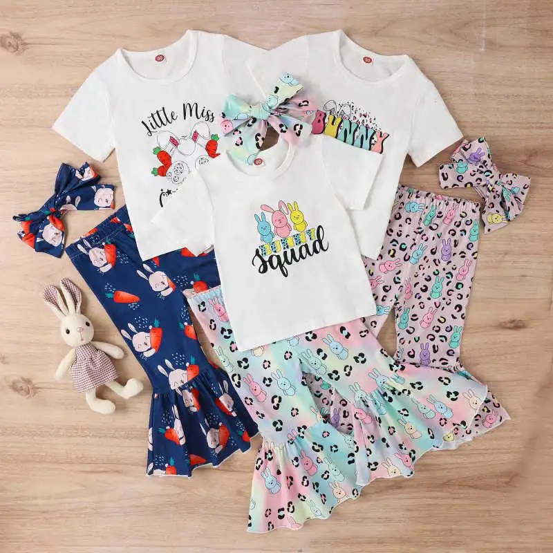 Kids Toddler Girls Casual Cute Easter Alphabet Cartoon Rabbit Print Short Sleeve Round Neck T-Shirt Flare Trousers Set