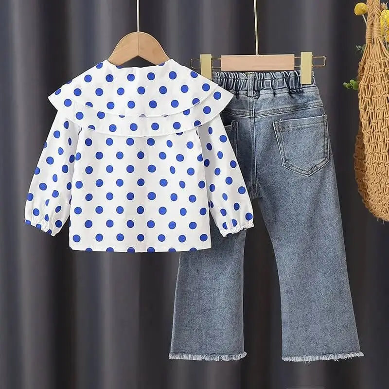 Girls Fashion Lapel Polka Dot Blouse And Jeans Set