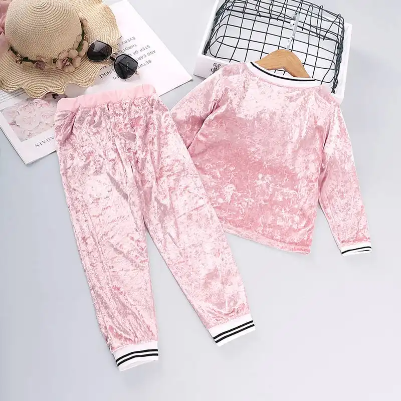 Girls Round Neck Tops And Letter Pattern Pants Pleuche Set