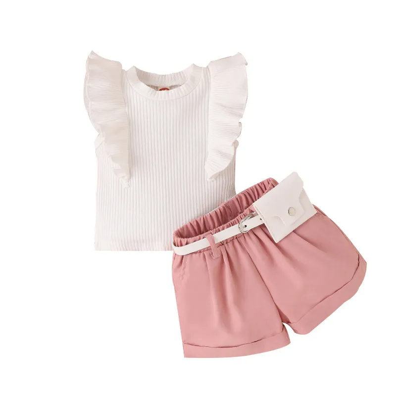 Kids Toddler Girls Fashion Casual Solid Color Stripe Sleeveless Round Neck T-Shirt Shorts Sets