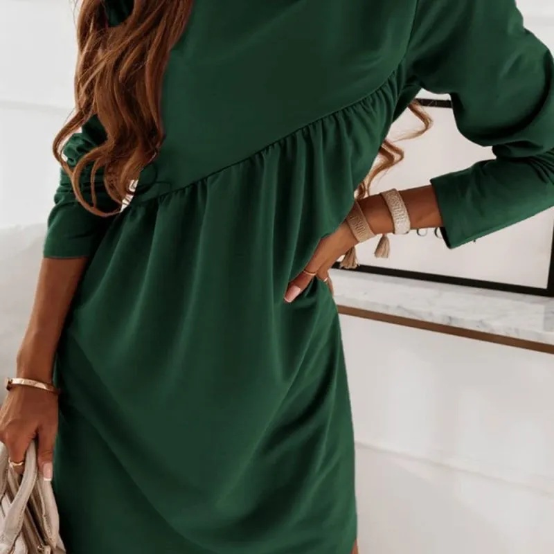 Autumn Winter Solid Color Long-Sleeved Irregular Round Neck Long Casual Solid Color Dress