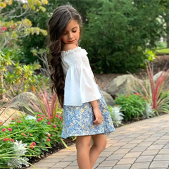 Kids Flared Sleeve Design Tops And Floral Pattern Pleated Skirt With Belt Set