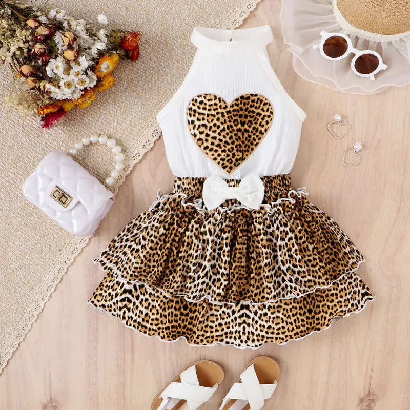 ids Toddler Girls Fashion Casual Leopard Heart-Shaped Pattern Sleeveless O Neck Vest Bow Skirt Sets